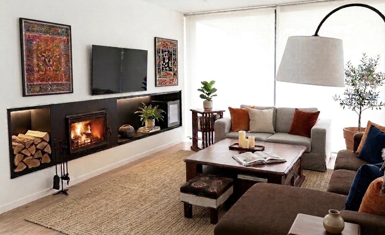 Living con chimenea, diseño de interiores cálido y artesanal